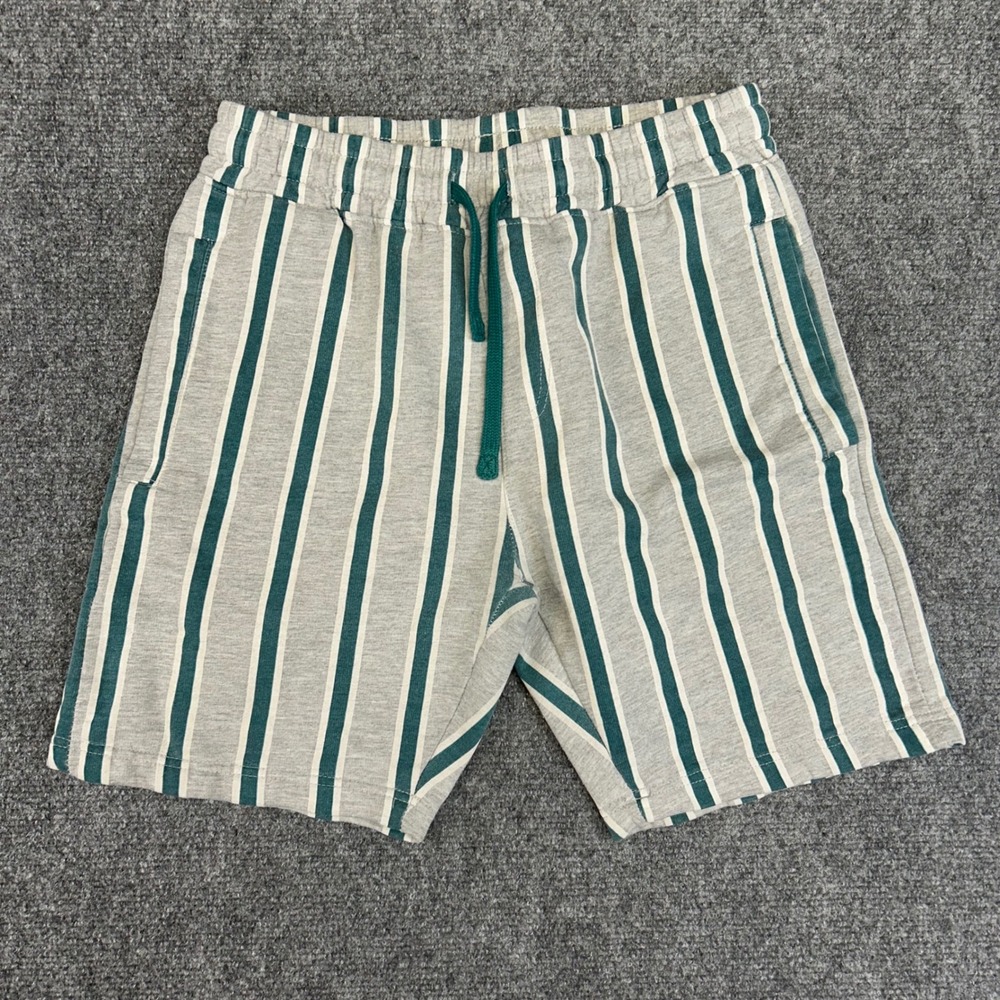 Univibe‎ Mens Striped Fleece Shorts Grey Teal Elastic Waist Drawstring Small